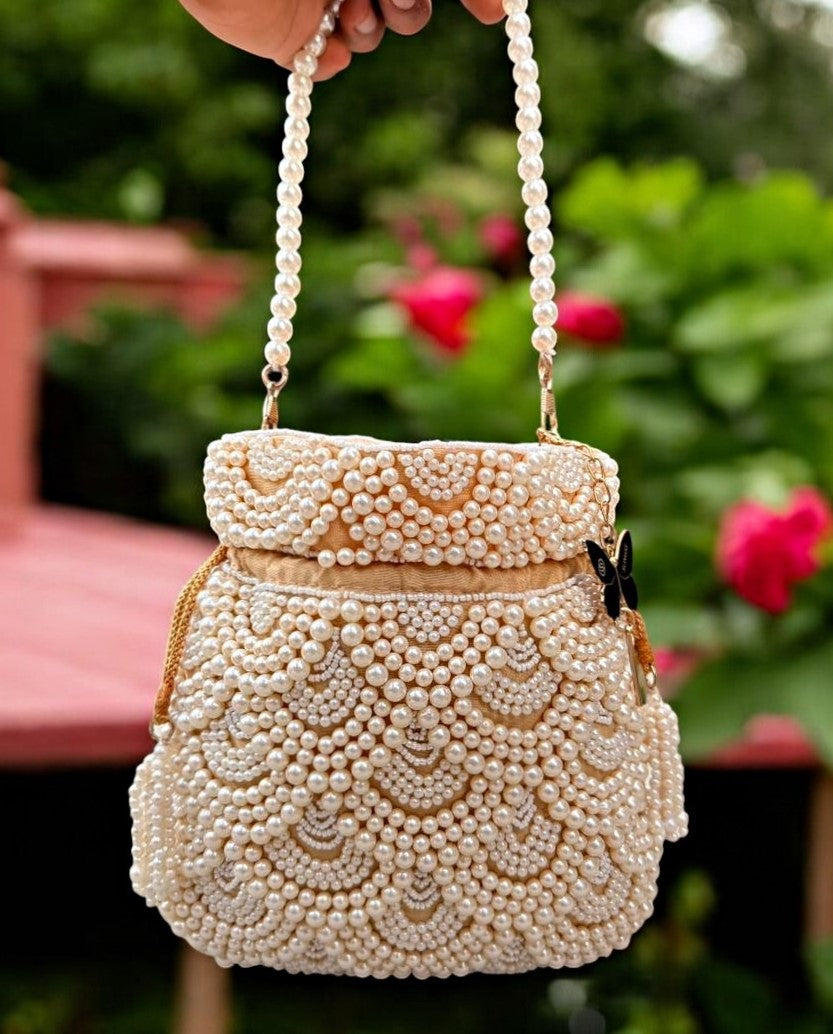 Slingss Premium Golden White Beads Partywear Potli For Ladies With White beads Handle