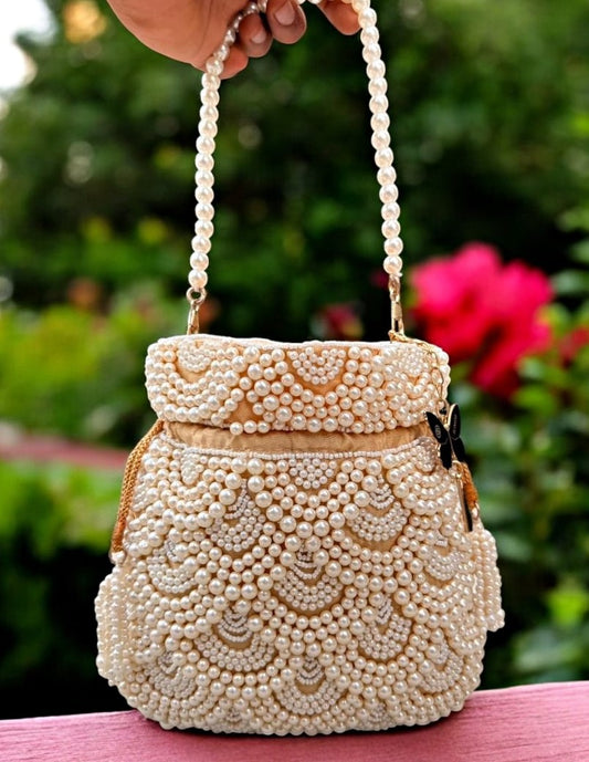 Slingss Premium Golden White Beads Partywear Potli For Ladies With White beads Handle