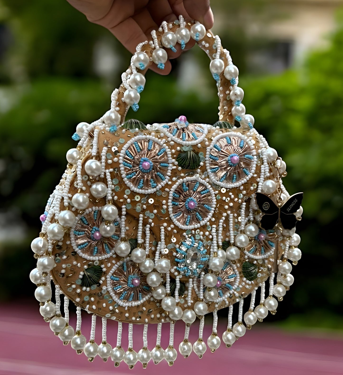 Slingss Luxury Range Hanging Beads Embroidered Partywear Handbag For Ladies With Handle & Chain