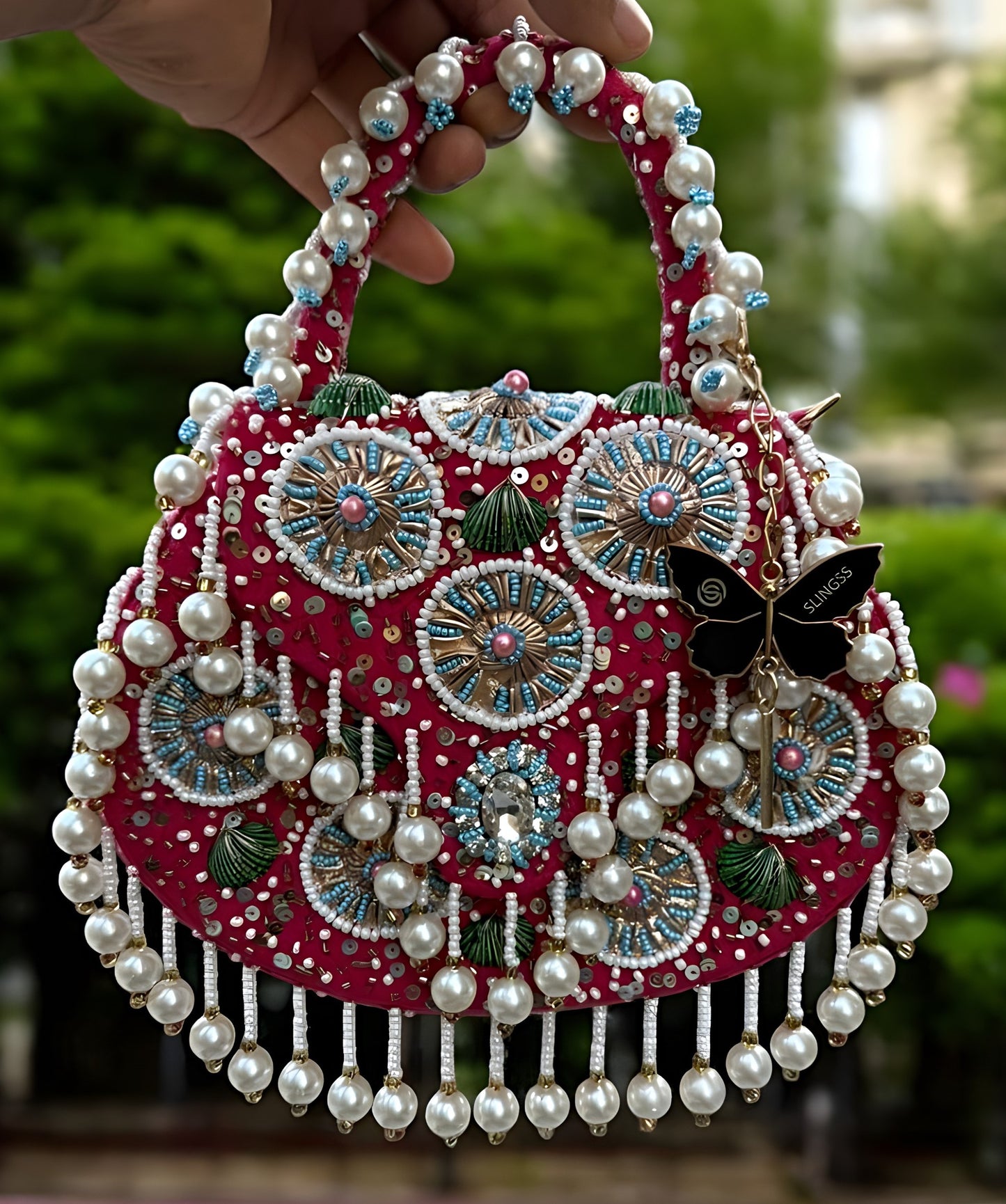Slingss Luxury Range Hanging Beads Embroidered Partywear Handbag For Ladies With Handle & Chain