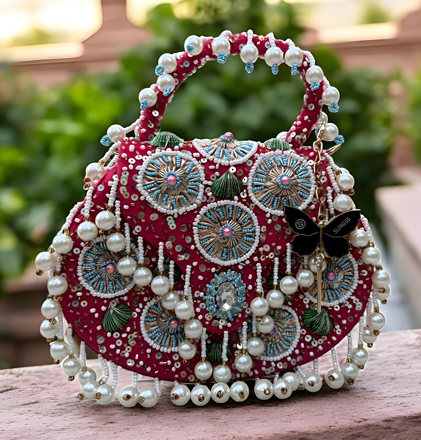Slingss Luxury Range Hanging Beads Embroidered Partywear Handbag For Ladies With Handle & Chain
