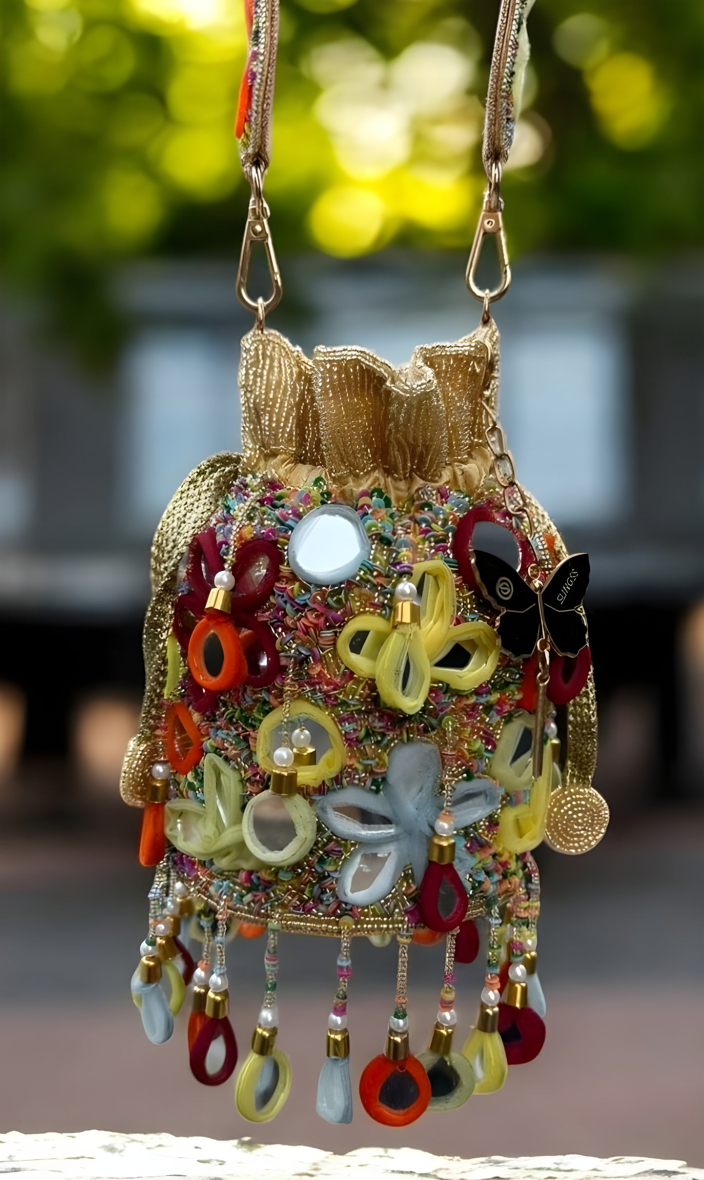 Slingss Exclusive Luxury Range Mirror Embroidered Jhallar Partywear Potli For Ladies With Handle