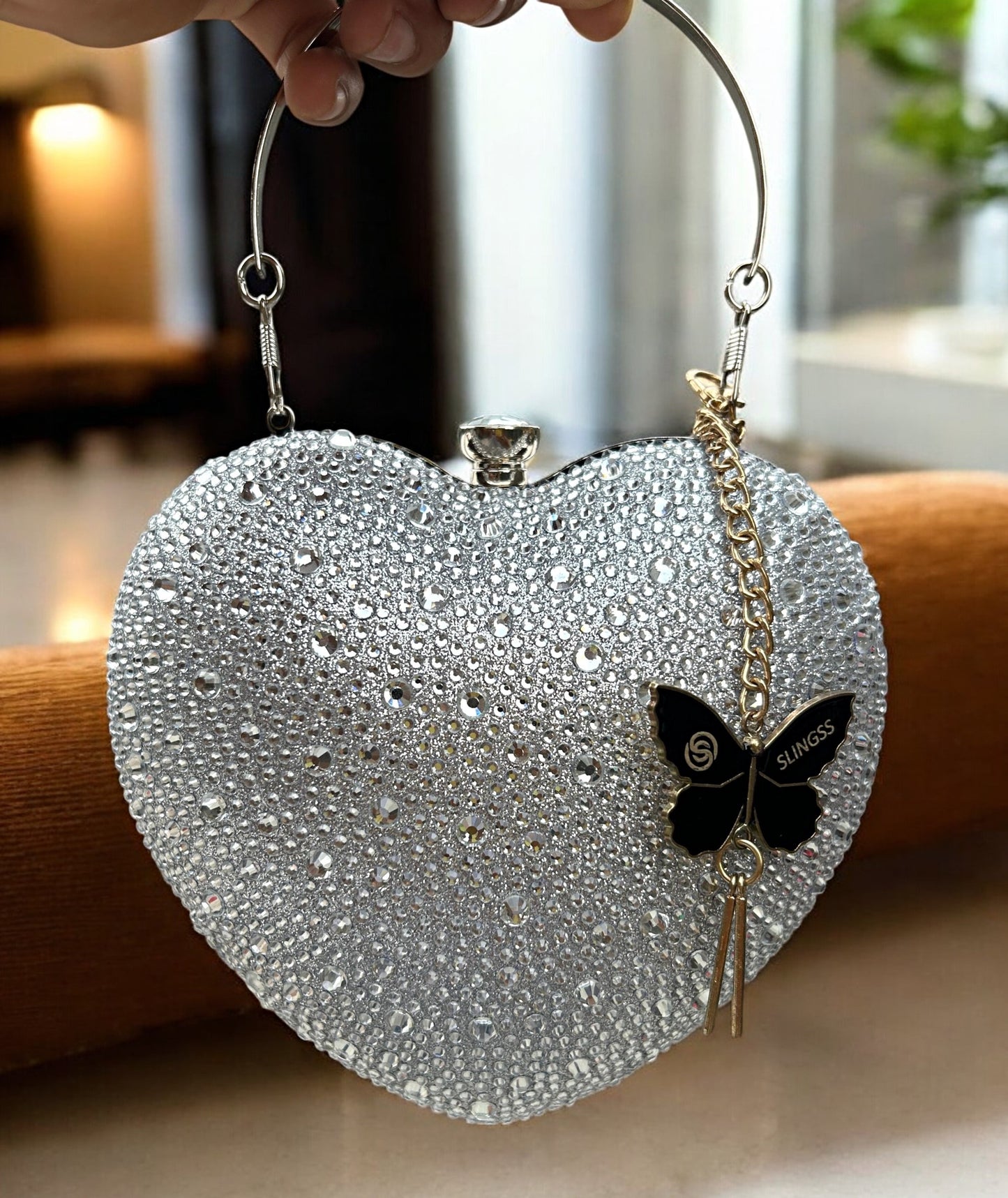 Slingss Exclusive Premium Heart Shape Water Droplets Design Partywear Embroidered Clutch For Ladies With Handle & Long Chain