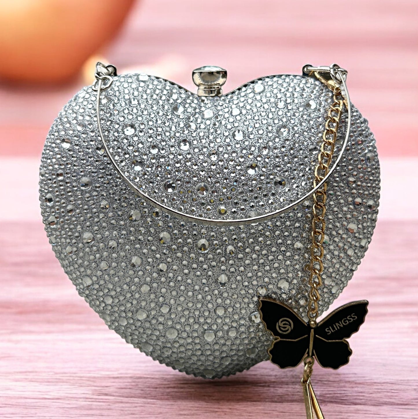 Slingss Exclusive Premium Heart Shape Water Droplets Design Partywear Embroidered Clutch For Ladies With Handle & Long Chain