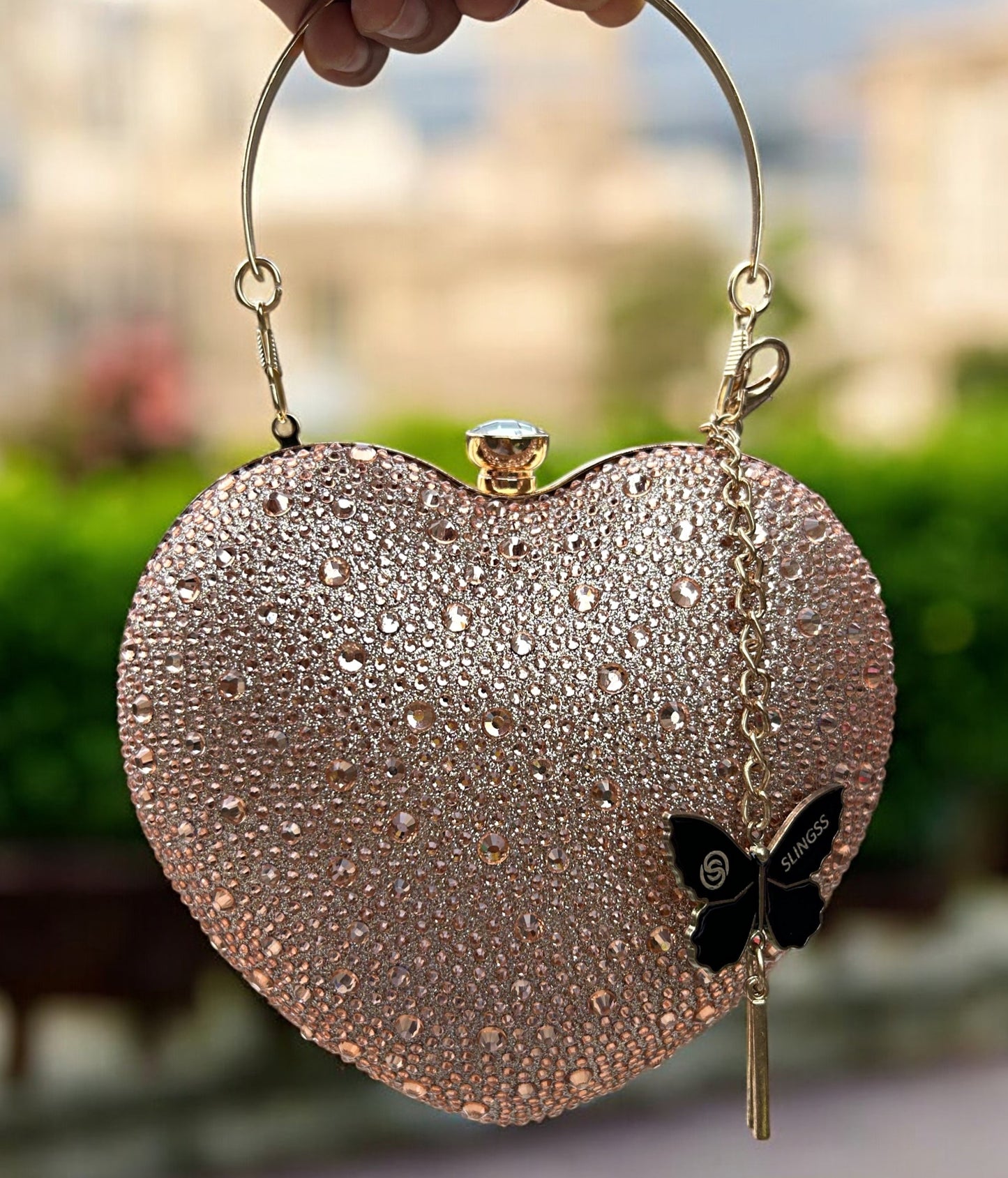 Slingss Exclusive Premium Heart Shape Water Droplets Design Partywear Embroidered Clutch For Ladies With Handle & Long Chain