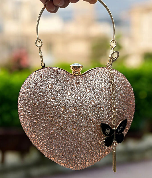 Slingss Exclusive Premium Heart Shape Water Droplets Design Partywear Embroidered Clutch For Ladies With Handle & Long Chain