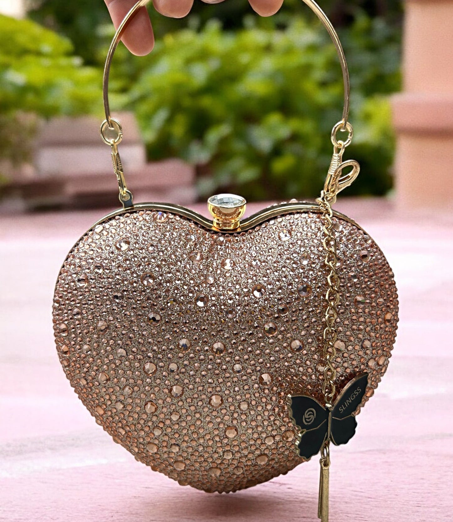 Slingss Exclusive Premium Heart Shape Water Droplets Design Partywear Embroidered Clutch For Ladies With Handle & Long Chain