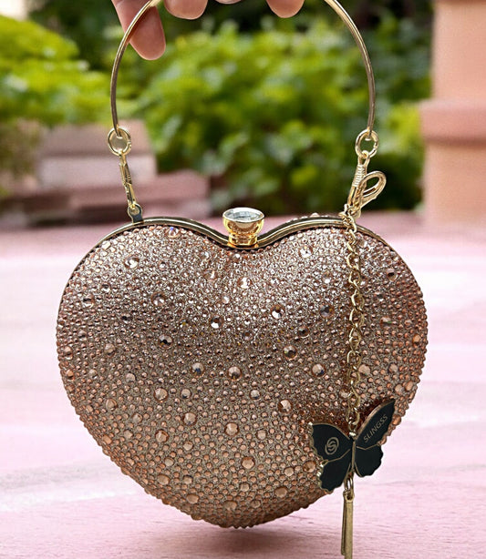 Slingss Exclusive Premium Heart Shape Water Droplets Design Partywear Embroidered Clutch For Ladies With Handle & Long Chain