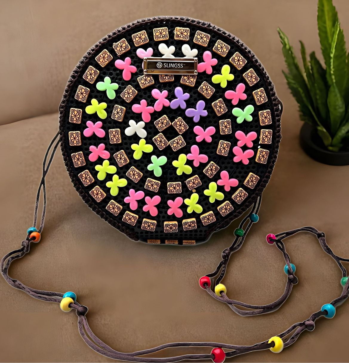 Slingss Exclusive Handmade Eco-Friendly Wooden Round Shape Sling Bag For Ladies With Long Strap