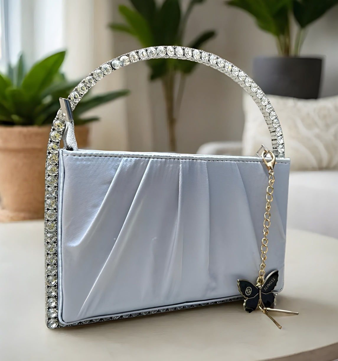 Slingss Exclusive Premium Boxy Shape Partywear Metal Handle Diamond Embroidered Handbag For Ladies