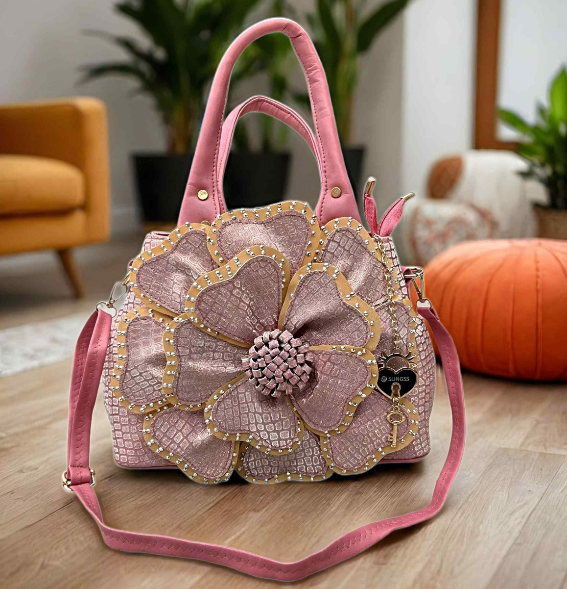 Slingss Premium Range Big Size Pink Floral Embroidered Partywear Bag For Ladies