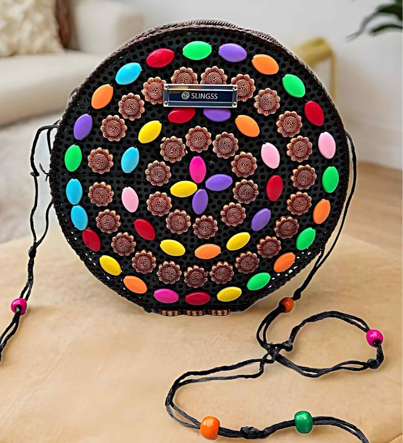 Slingss Exclusive Handmade Eco-Friendly Wooden Round Shape Sling Bag For Ladies With Long Strap