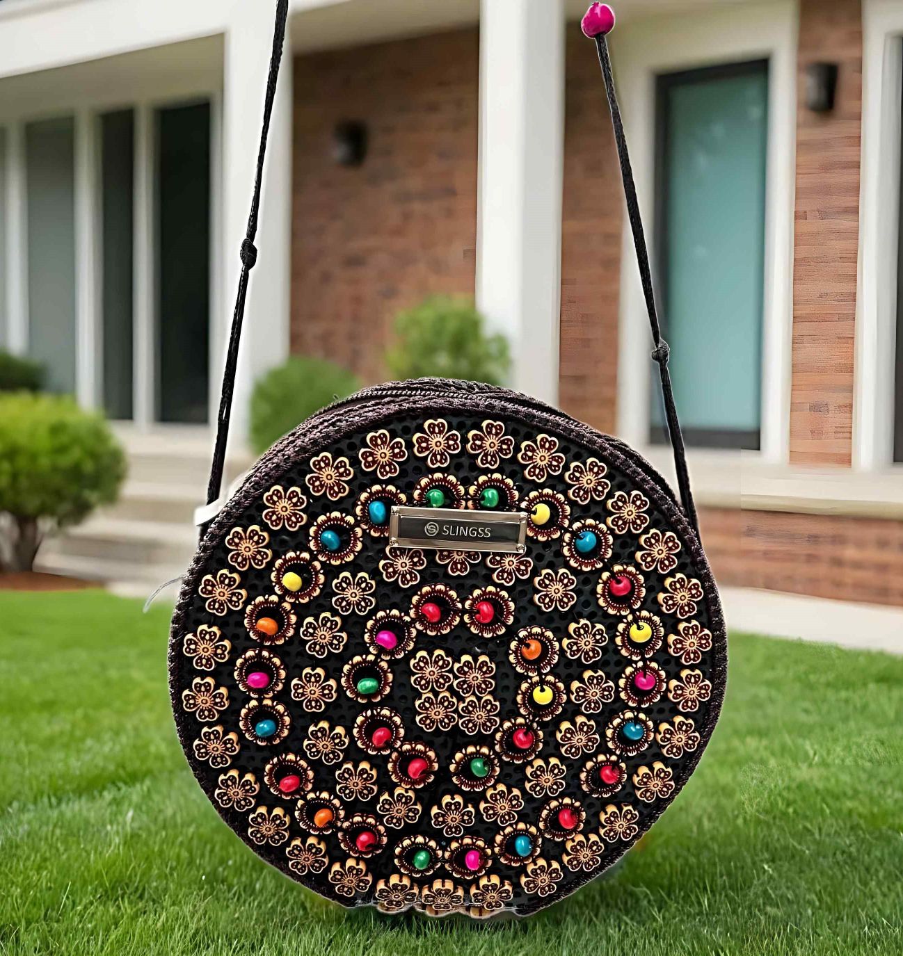 Slingss Exclusive Handmade Eco-Friendly Wooden Round Shape Sling Bag For Ladies With Long Strap